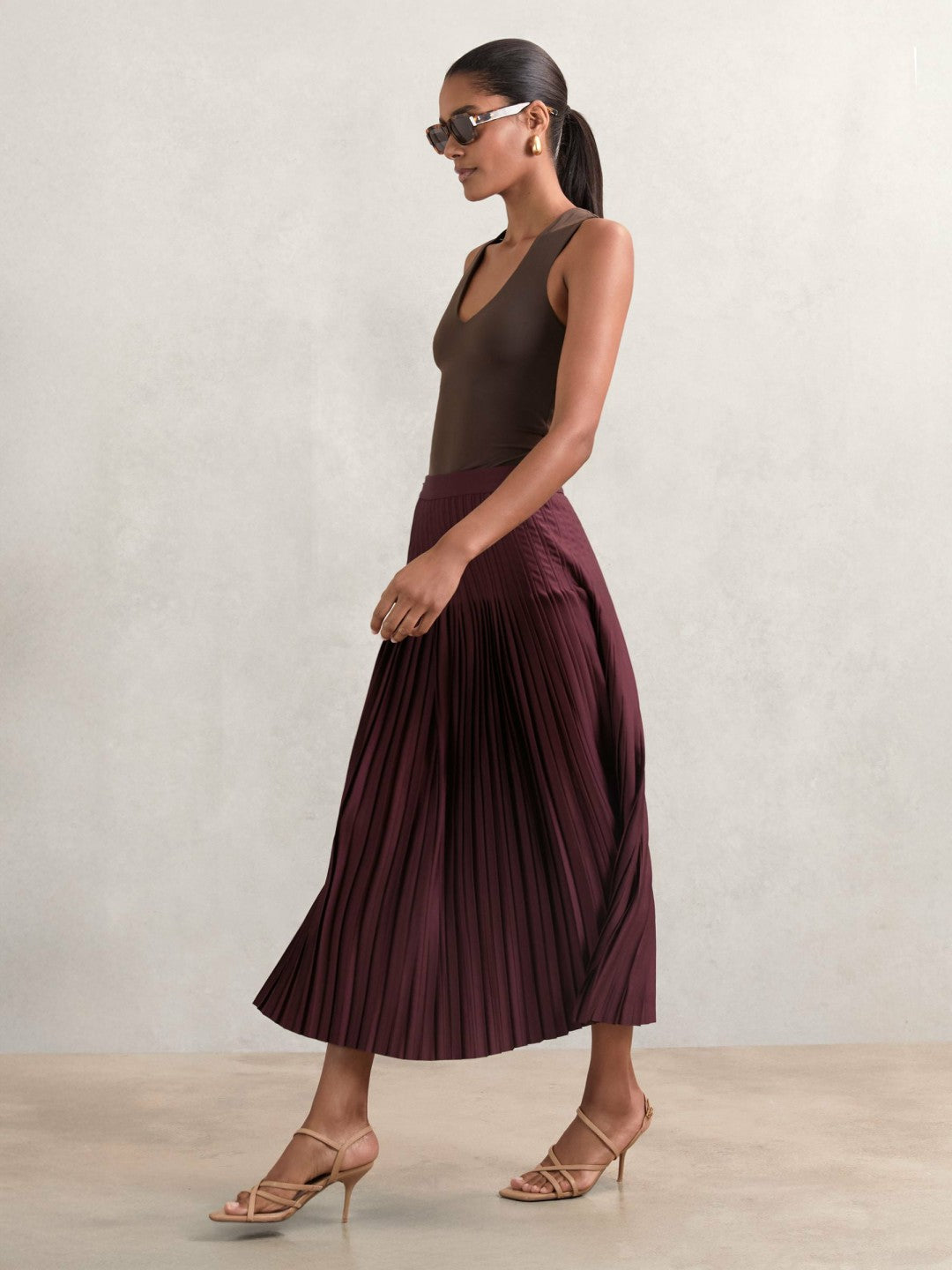 Pleated Midi Skirt in Burgundy | Reiss Women Best Seller