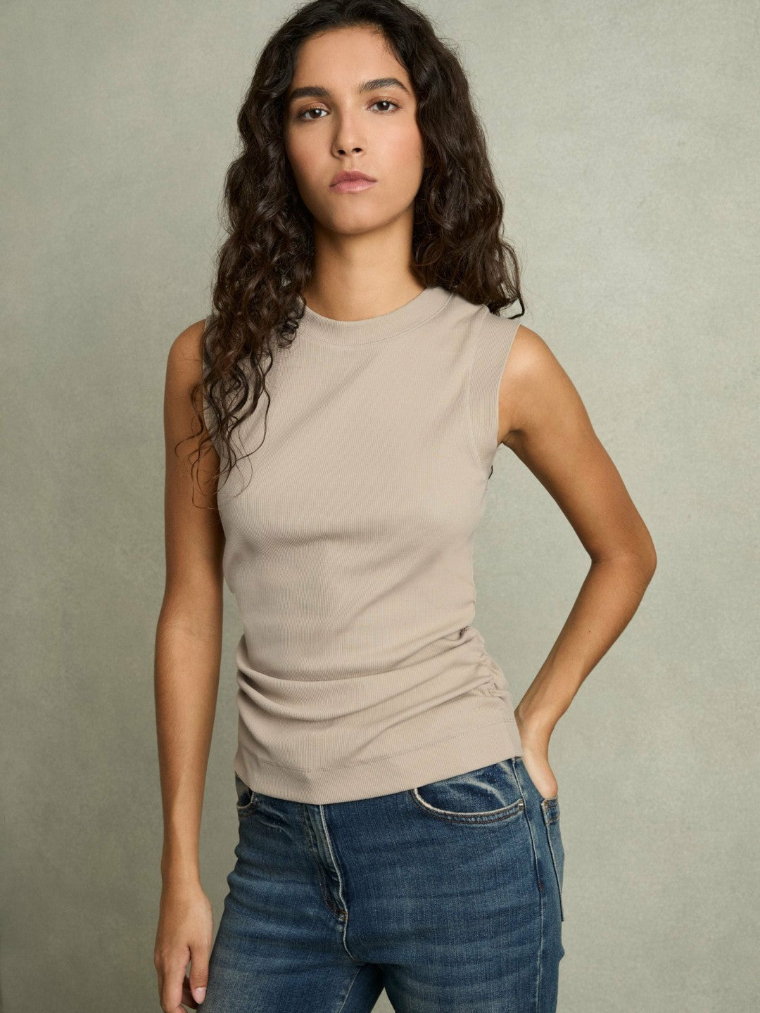 Ribbed Ruched Waist Vest in Camel | Reiss Women Exclusive