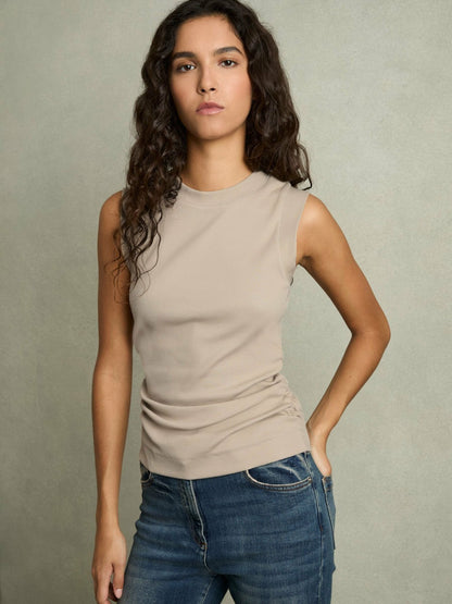 Ribbed Ruched Waist Vest in Camel | Reiss Women Exclusive