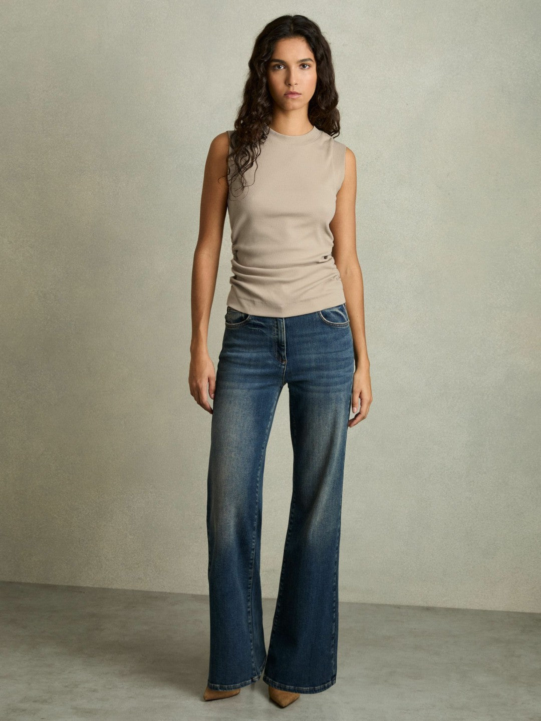 Ribbed Ruched Waist Vest in Camel | Reiss Women Exclusive