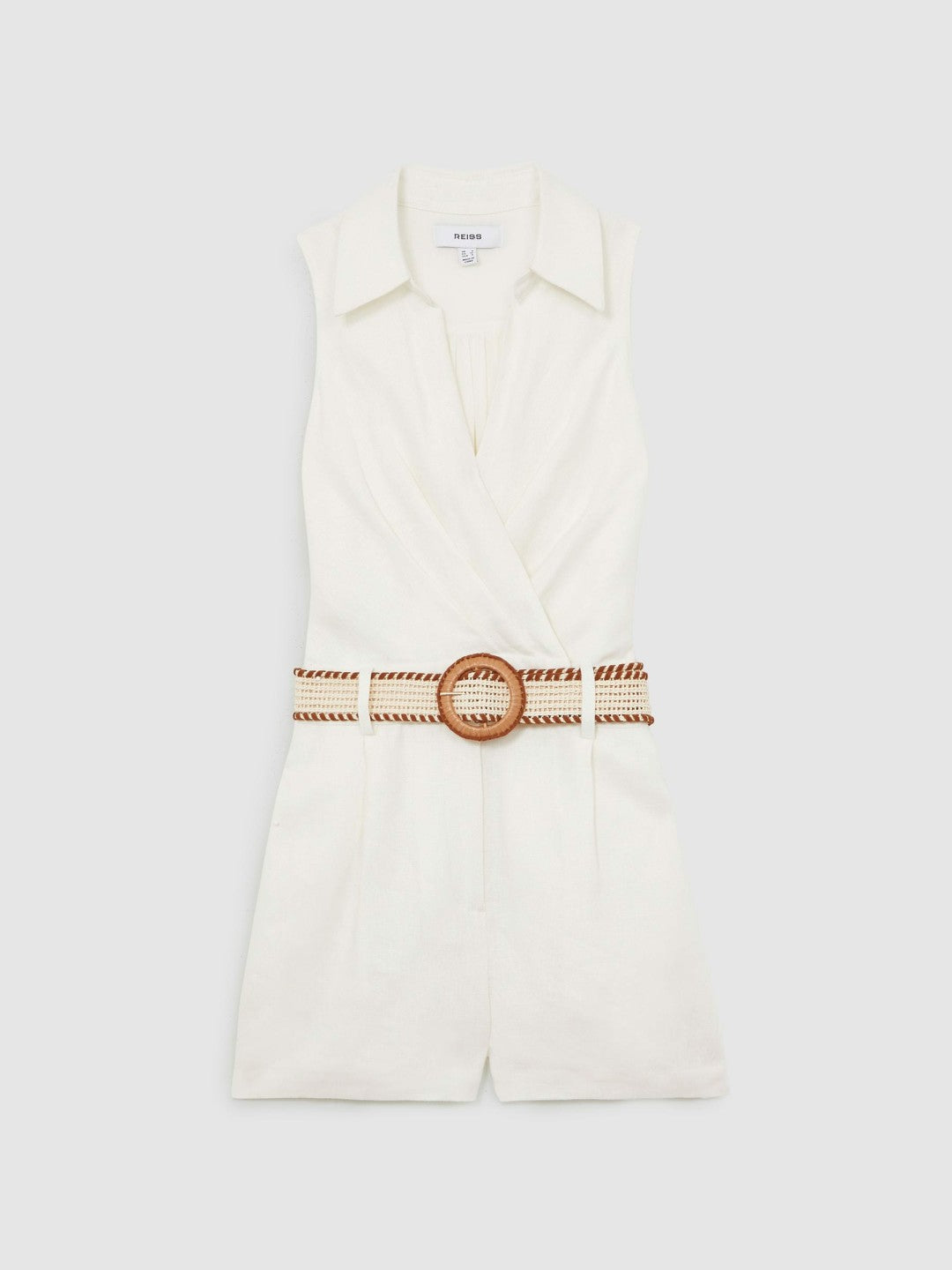 Linen Belted Sleeveless Wrap Playsuit in Cream | Reiss Women Signature