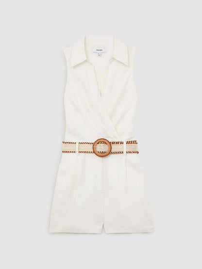 Linen Belted Sleeveless Wrap Playsuit in Cream | Reiss Women Signature