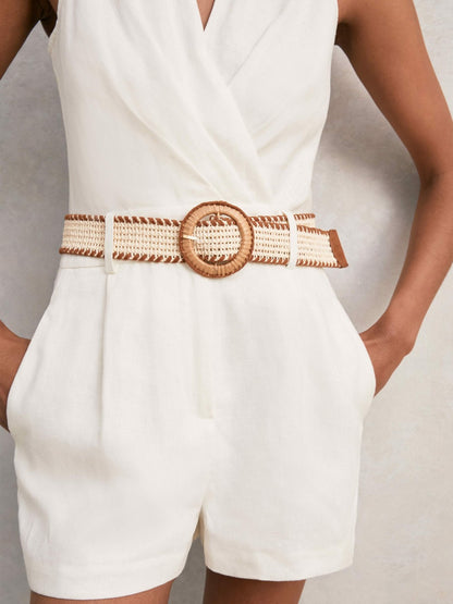 Linen Belted Sleeveless Wrap Playsuit in Cream | Reiss Women Signature