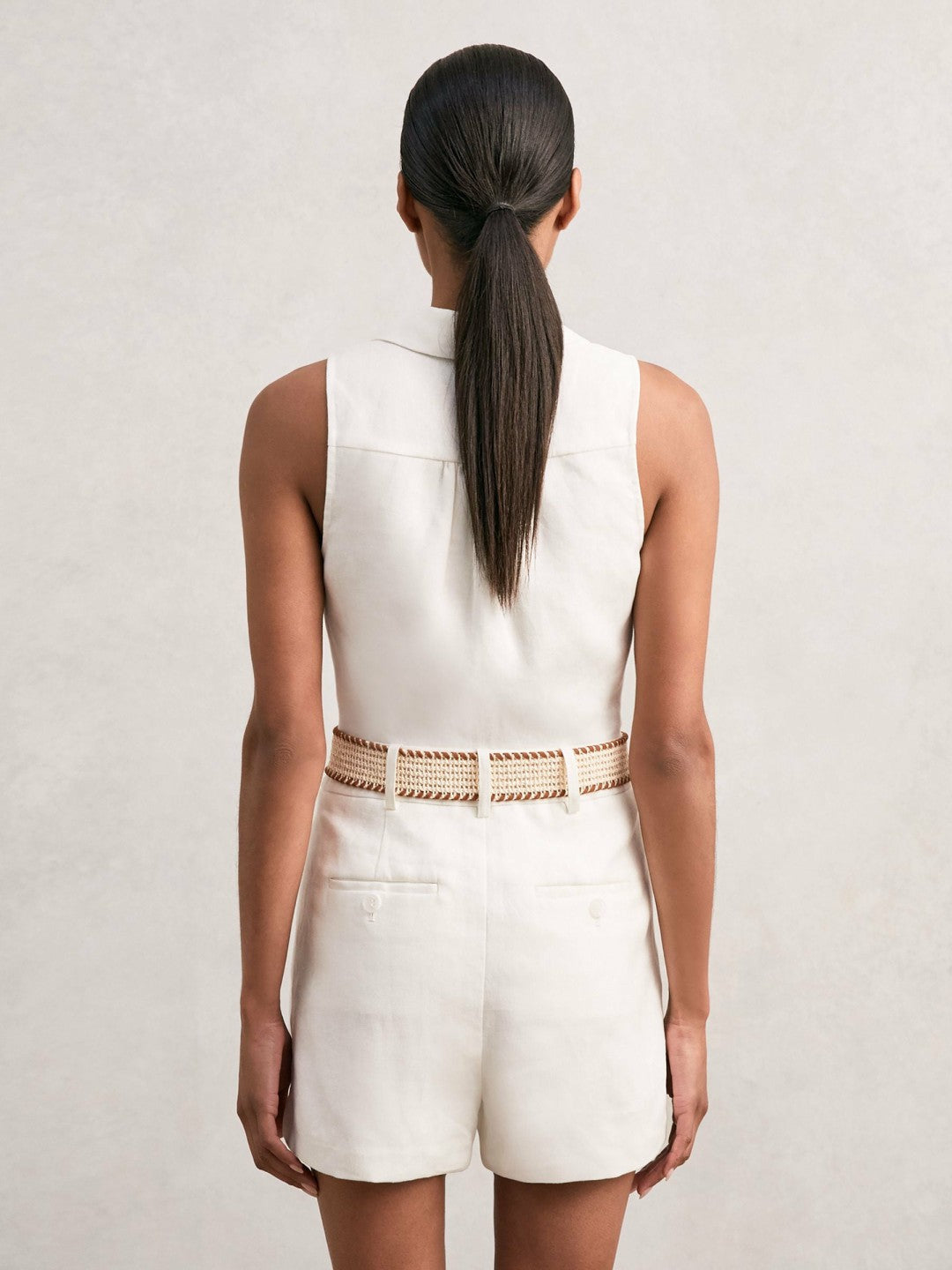 Linen Belted Sleeveless Wrap Playsuit in Cream | Reiss Women Signature