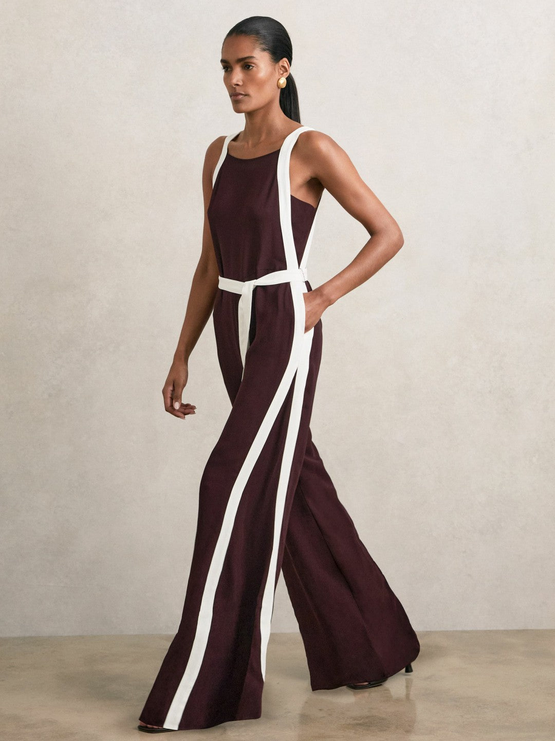 Petite Colourblock Wide Leg Belted Jumpsuit in Burgundy/Cream | Reiss Women Trending