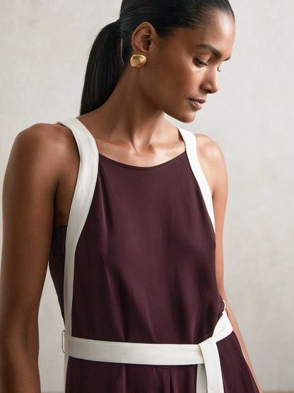 Petite Colourblock Wide Leg Belted Jumpsuit in Burgundy/Cream | Reiss Women Trending
