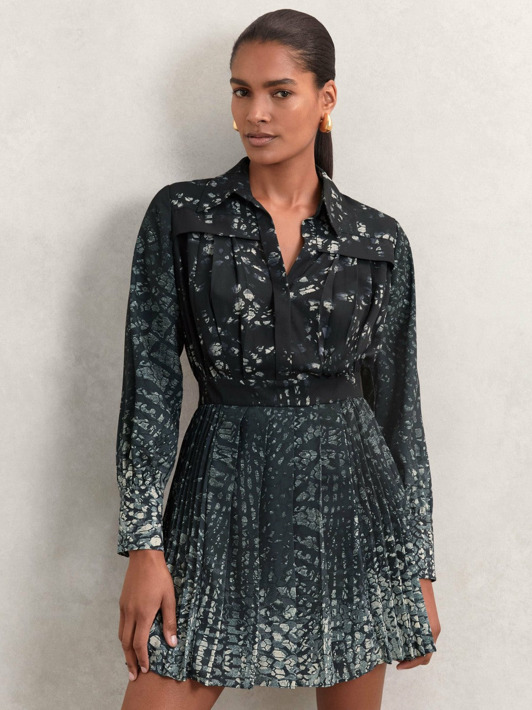 Printed Pleated Shirt Dress in Navy | Reiss Women Best Seller