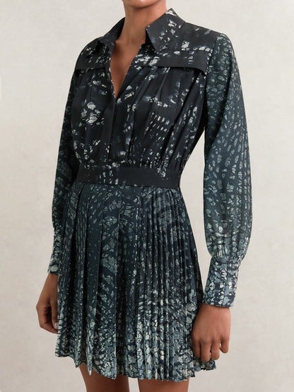 Printed Pleated Shirt Dress in Navy | Reiss Women Best Seller