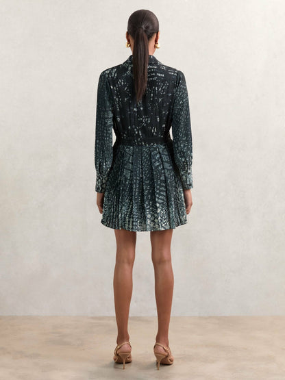 Printed Pleated Shirt Dress in Navy | Reiss Women Best Seller