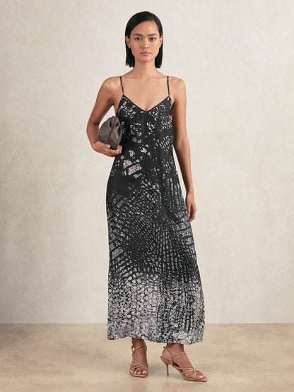 Printed Maxi Slip Dress in Navy | Reiss Women Premium
