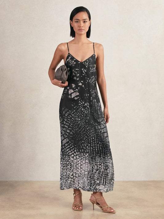 Printed Maxi Slip Dress in Navy | Reiss Women Premium
