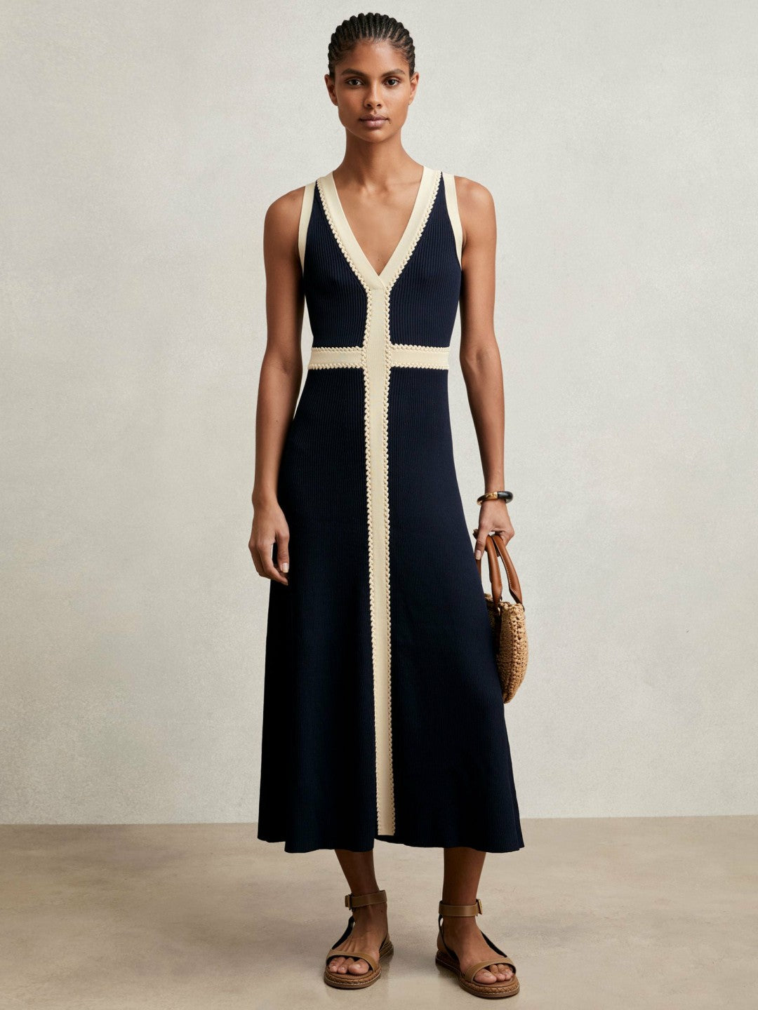 Craft-Stitch Knitted Midi Dress in Navy | Reiss Women Trending