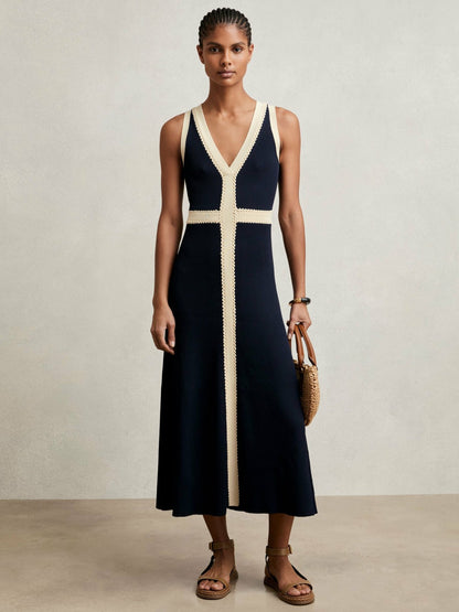 Craft-Stitch Knitted Midi Dress in Navy | Reiss Women Trending