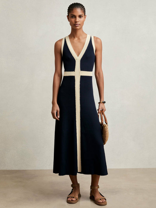 Craft-Stitch Knitted Midi Dress in Navy | Reiss Women Trending