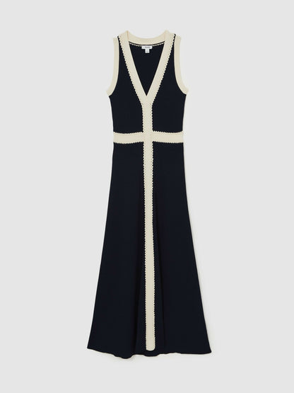 Craft-Stitch Knitted Midi Dress in Navy | Reiss Women Trending