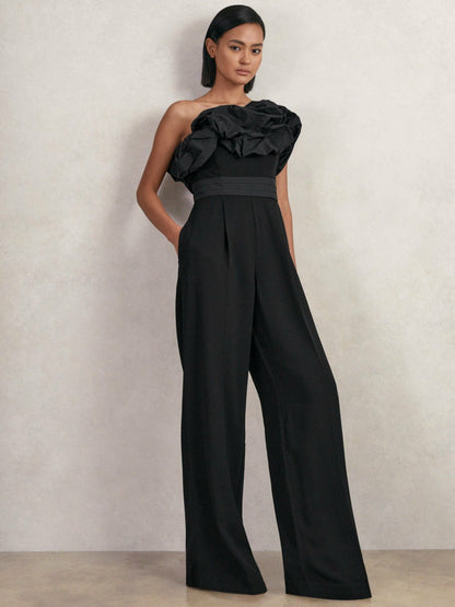 Sculptural Strapless Wide-Leg Jumpsuit in Black | Reiss Women Featured