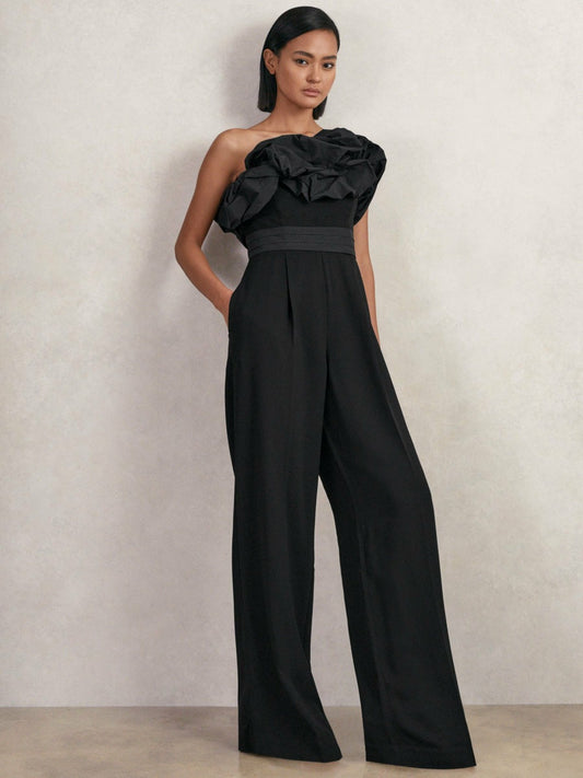 Sculptural Strapless Wide-Leg Jumpsuit in Black | Reiss Women Featured