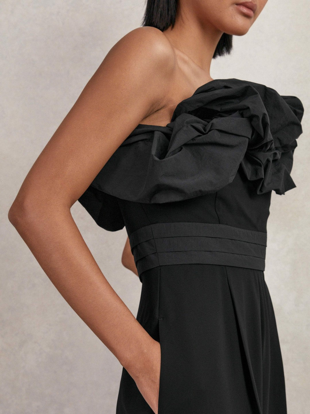 Sculptural Strapless Wide-Leg Jumpsuit in Black | Reiss Women Featured