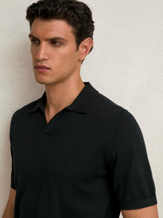 Merino Wool Open Collar Polo Shirt in Black | Reiss Men New
