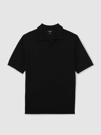 Merino Wool Open Collar Polo Shirt in Black | Reiss Men New