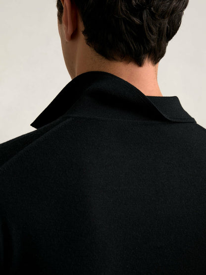 Merino Wool Open Collar Polo Shirt in Black | Reiss Men New
