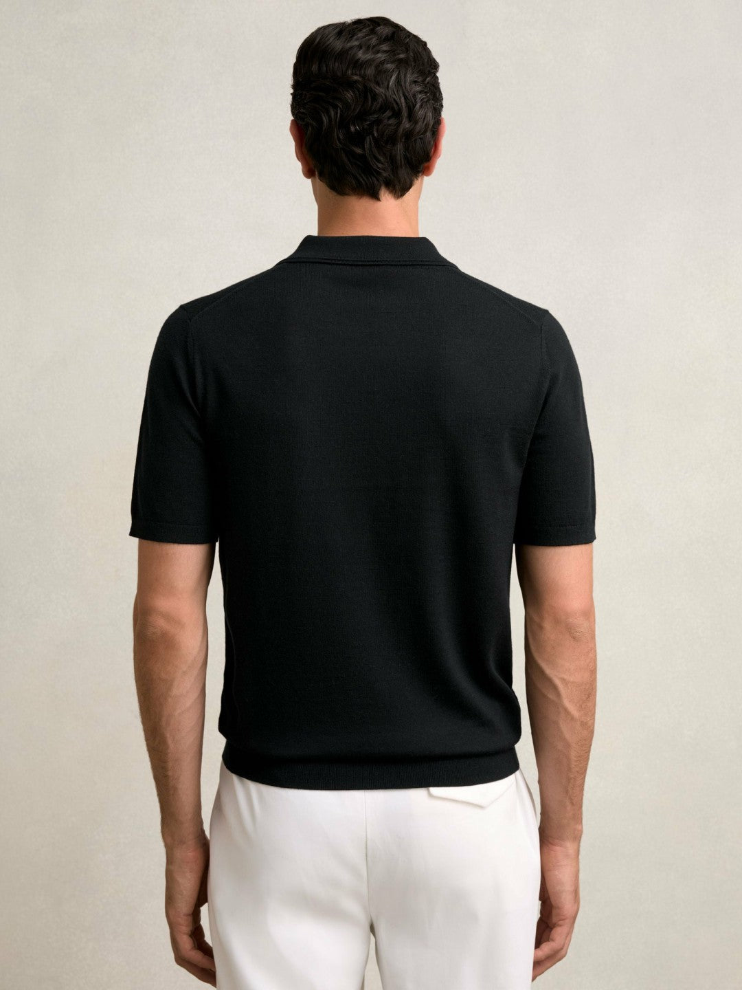 Merino Wool Open Collar Polo Shirt in Black | Reiss Men New