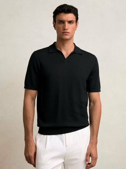 Merino Wool Open Collar Polo Shirt in Black | Reiss Men New