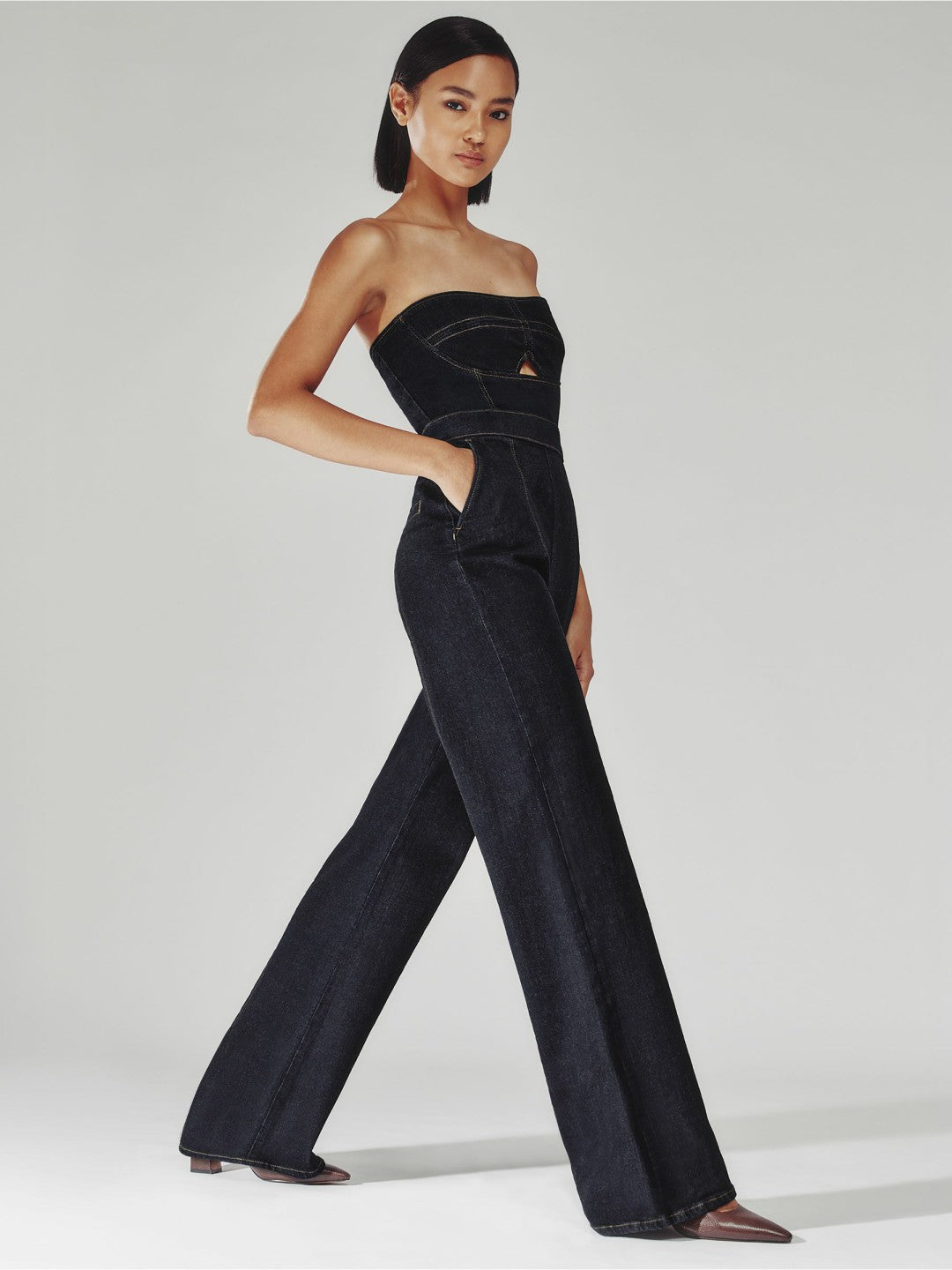 Strapless Wide Leg Denim Jumpsuit in Indigo Blue | Reiss Women Premium