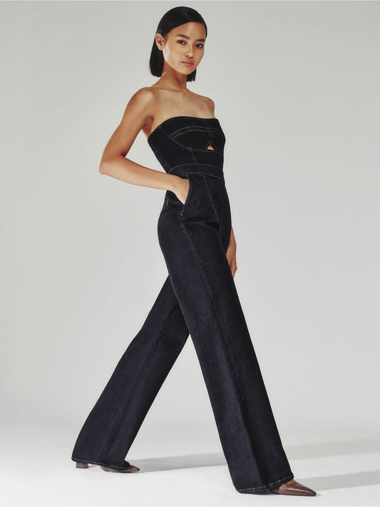 Strapless Wide Leg Denim Jumpsuit in Indigo Blue | Reiss Women Premium