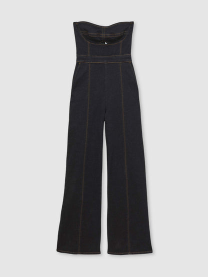 Strapless Wide Leg Denim Jumpsuit in Indigo Blue | Reiss Women Premium