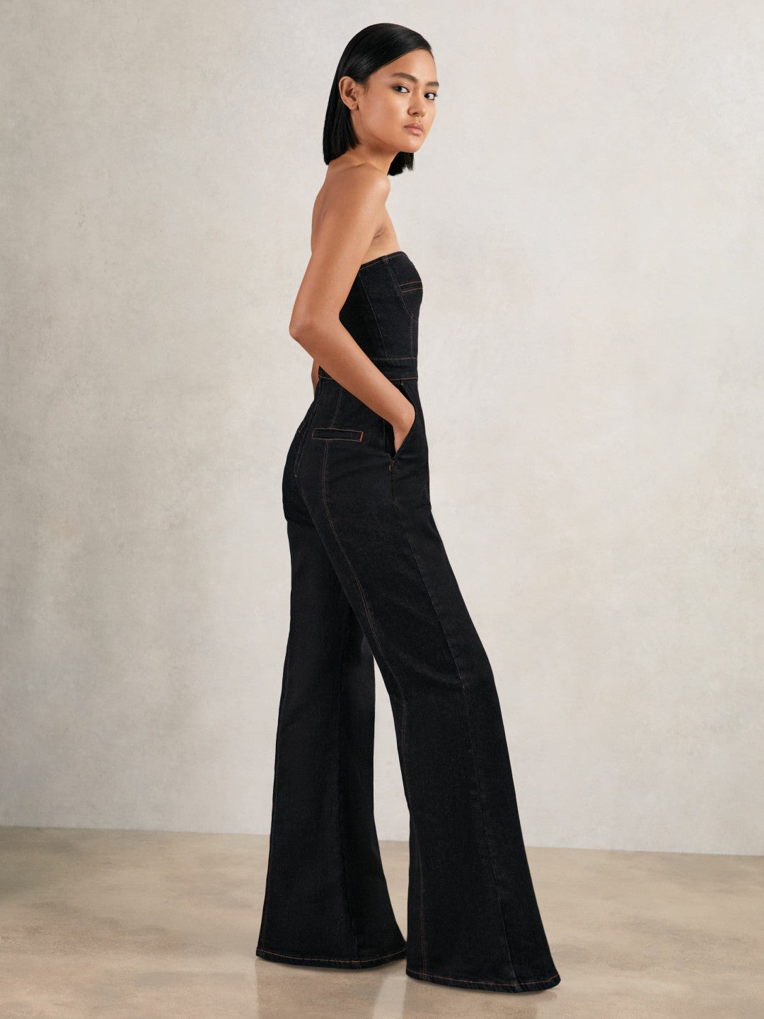 Strapless Wide Leg Denim Jumpsuit in Indigo Blue | Reiss Women Premium