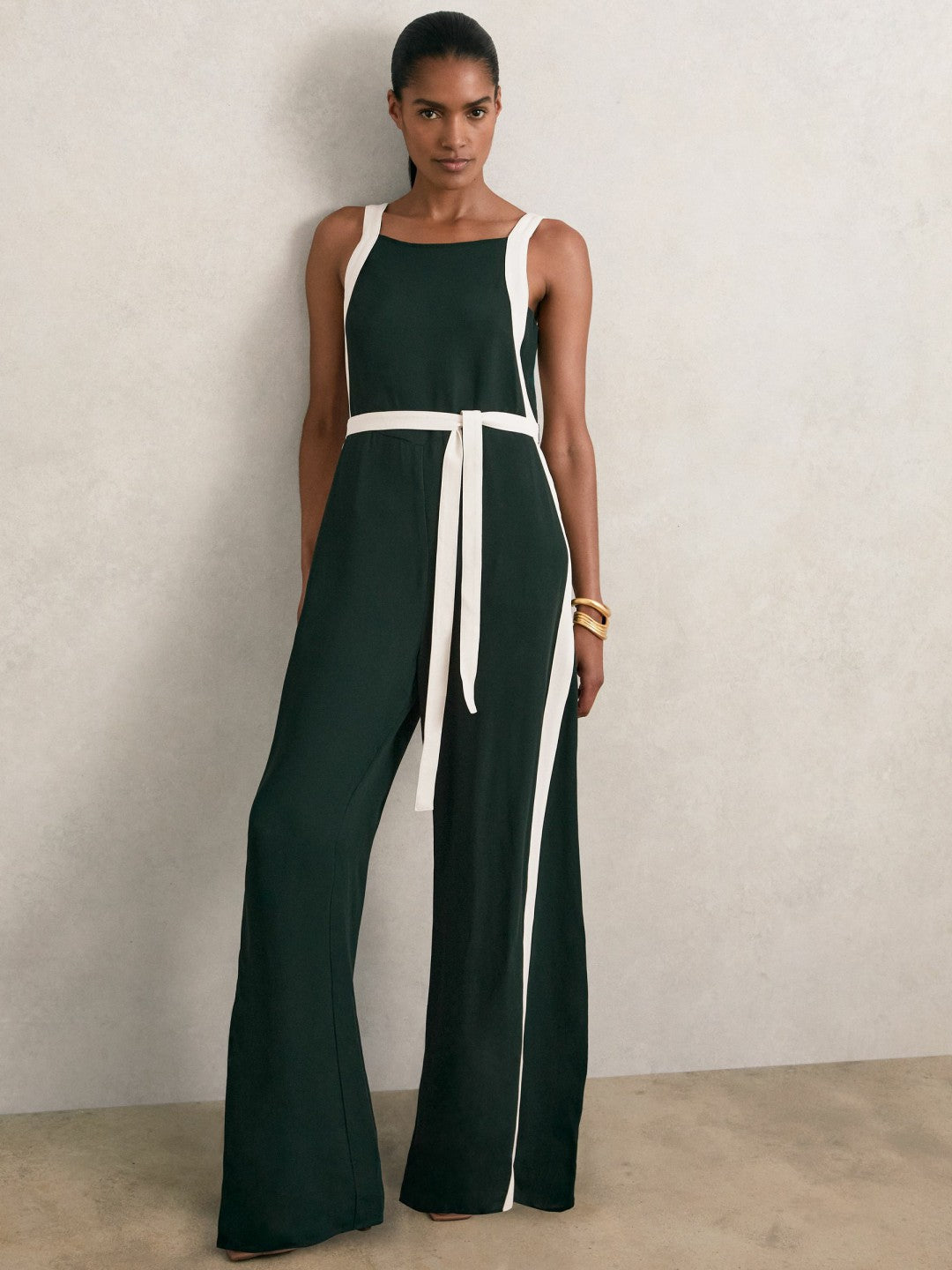 Petite Colourblock Wide Leg Belted Jumpsuit in Dark Green/Cream | Reiss Women Popular
