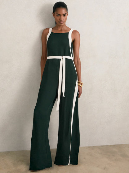 Petite Colourblock Wide Leg Belted Jumpsuit in Dark Green/Cream | Reiss Women Popular