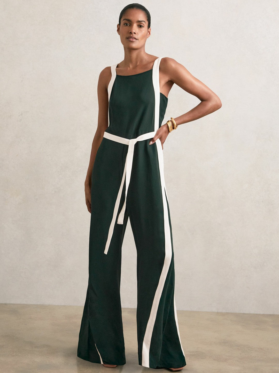 Petite Colourblock Wide Leg Belted Jumpsuit in Dark Green/Cream | Reiss Women Popular