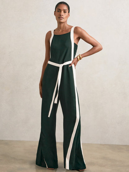 Petite Colourblock Wide Leg Belted Jumpsuit in Dark Green/Cream | Reiss Women Popular