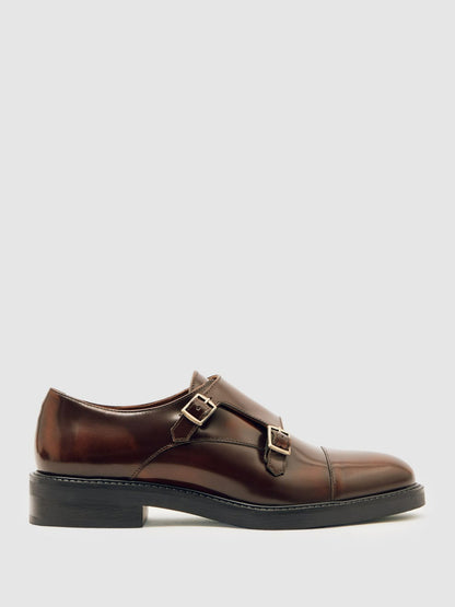 Leather Double-Strap Monk Shoes in Tan | Reiss Women New