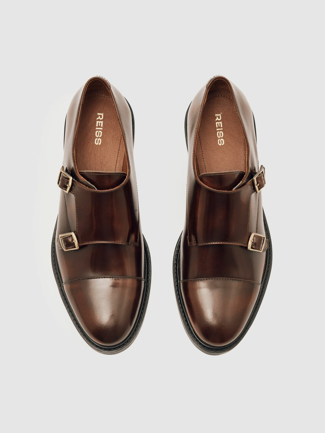 Leather Double-Strap Monk Shoes in Tan | Reiss Women New