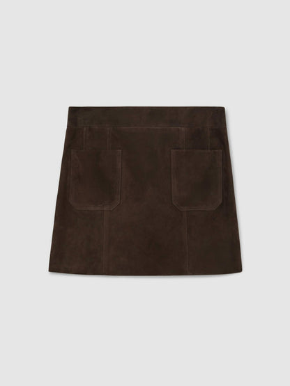 Mini Suede Patch Pocket Skirt in Chocolate Brown | Reiss Women Signature