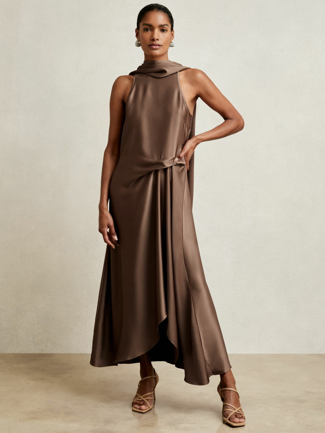 Satin Tuck-Detail Cape Midi Dress in Taupe Brown | Reiss Women Popular