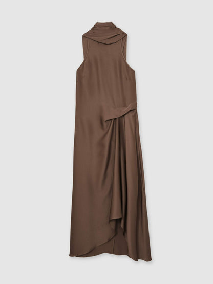 Satin Tuck-Detail Cape Midi Dress in Taupe Brown | Reiss Women Popular
