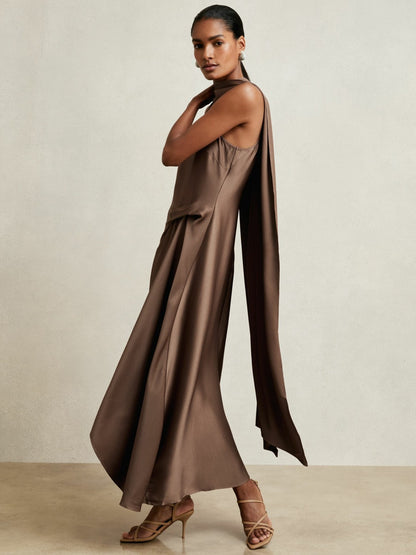 Satin Tuck-Detail Cape Midi Dress in Taupe Brown | Reiss Women Popular