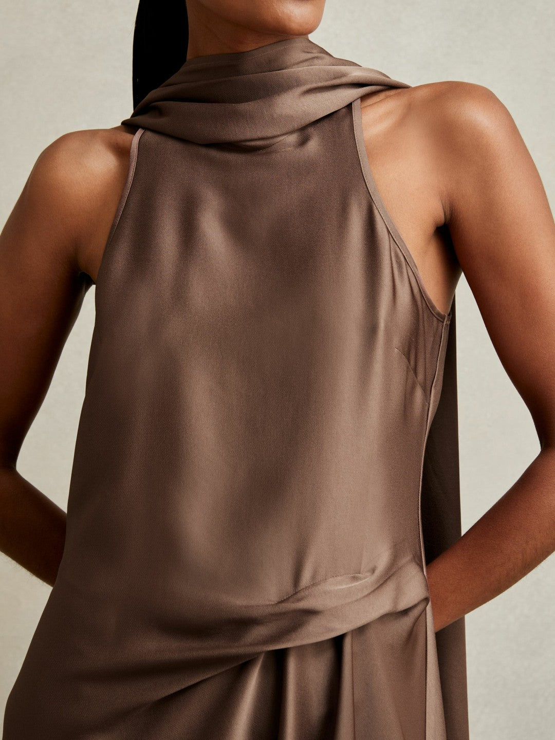 Satin Tuck-Detail Cape Midi Dress in Taupe Brown | Reiss Women Popular