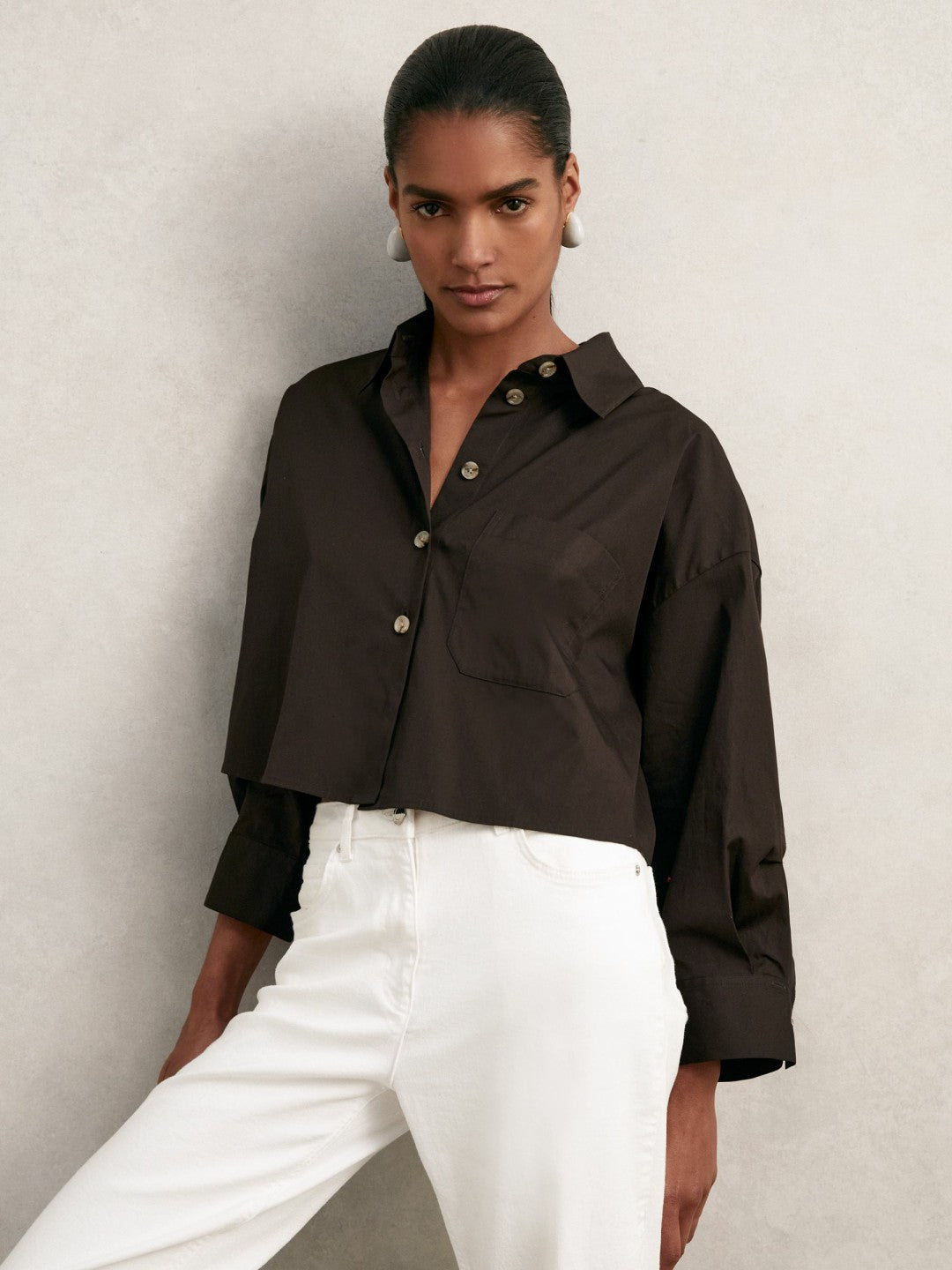 Oversize Cotton Cropped Shirt in Chocolate Brown | Reiss Women New