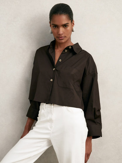 Oversize Cotton Cropped Shirt in Chocolate Brown | Reiss Women New