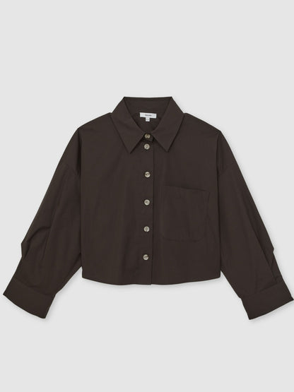 Oversize Cotton Cropped Shirt in Chocolate Brown | Reiss Women New