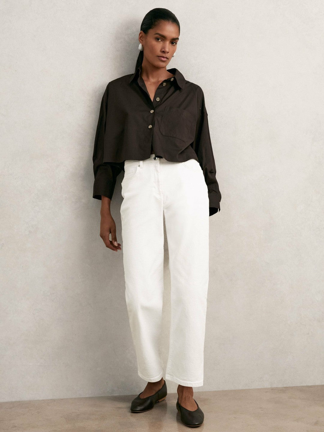 Oversize Cotton Cropped Shirt in Chocolate Brown | Reiss Women New
