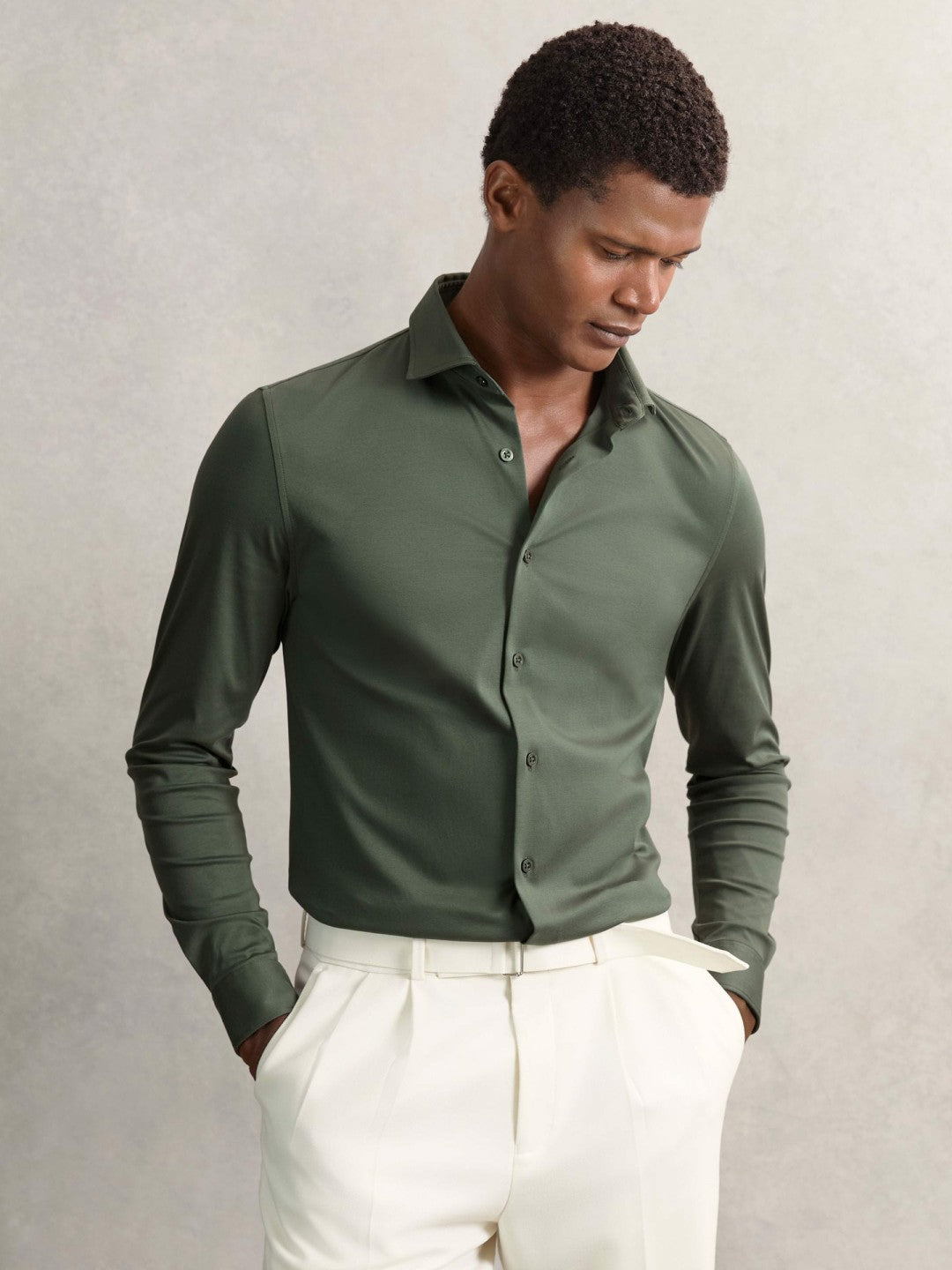 Cotton-Jersey Button-Through Shirt in Kale Green | Reiss Men Premium