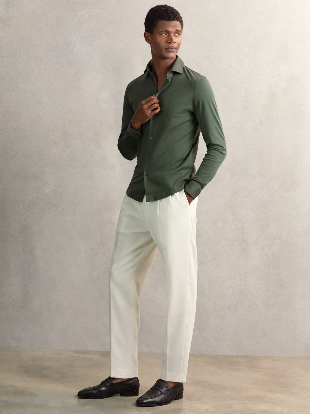 Cotton-Jersey Button-Through Shirt in Kale Green | Reiss Men Premium