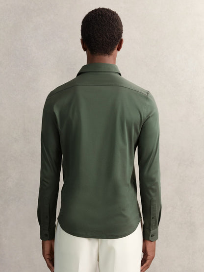 Cotton-Jersey Button-Through Shirt in Kale Green | Reiss Men Premium