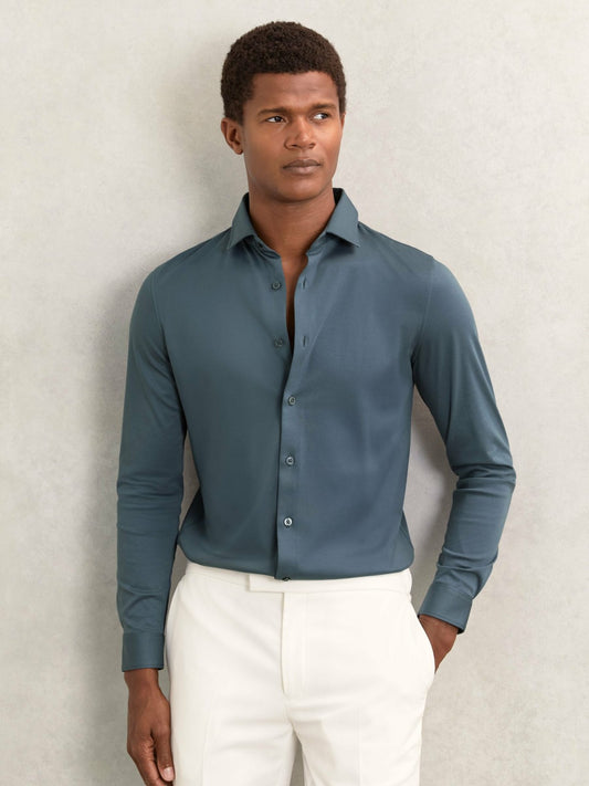 Cotton-Jersey Button-Through Shirt in Airforce Blue | Reiss Men Trending